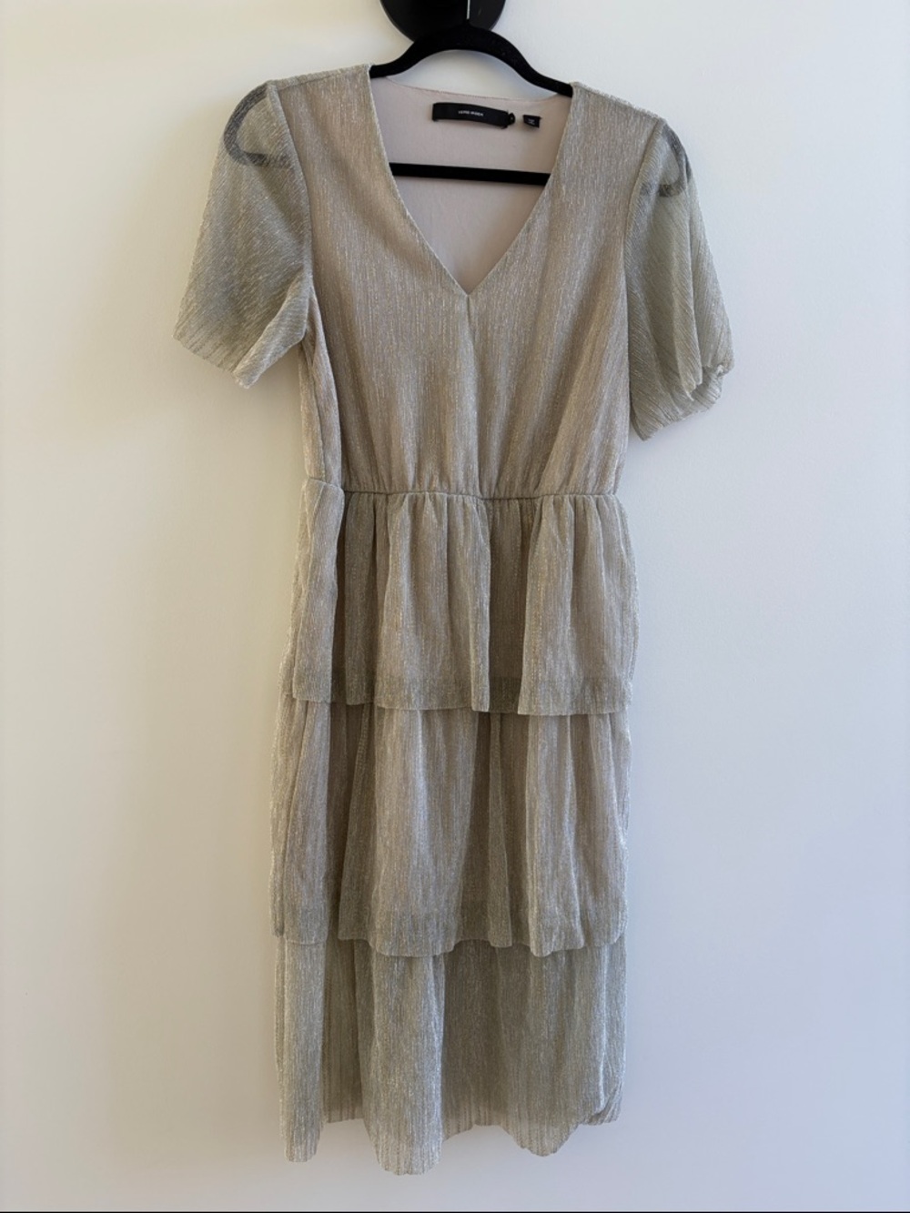 Vero Moda Silver Gray Gold Tiered V-Neck Midi Dress Elasticated Waist - Small